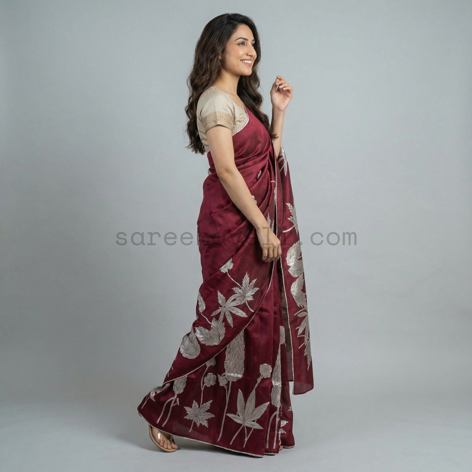 Maroon Leaf Appliqué Tussar - Saree Haveli Default Title