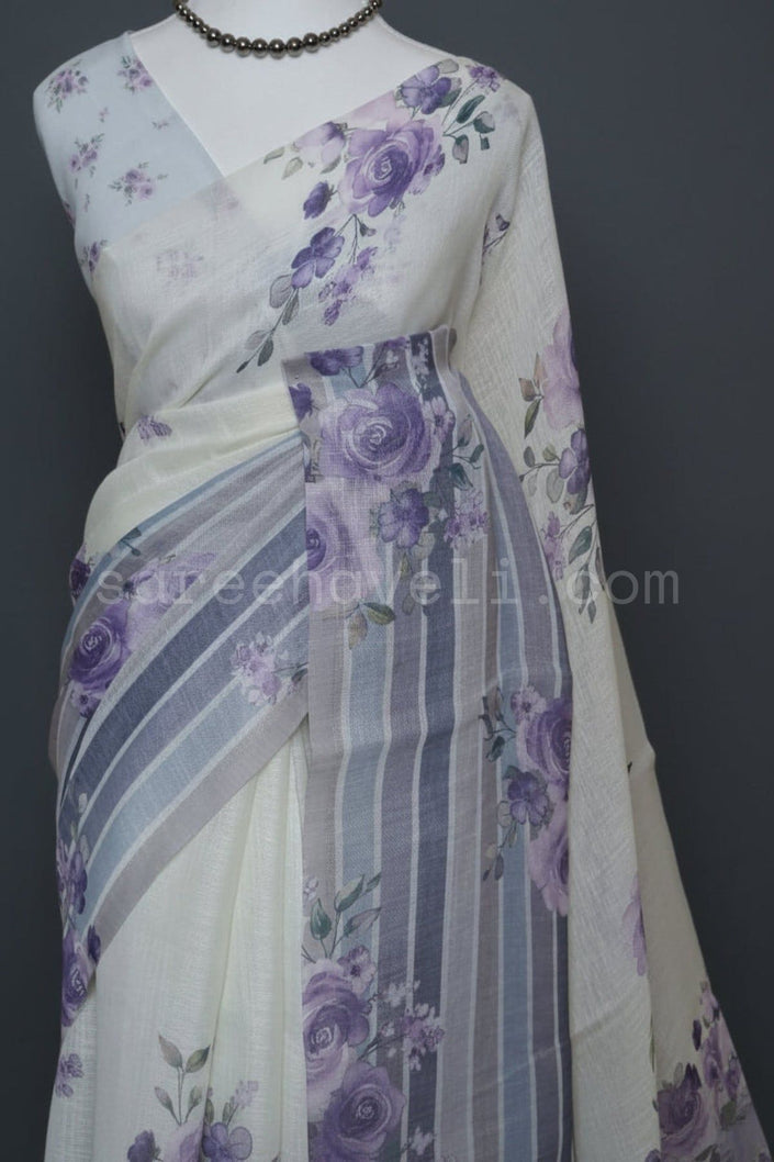 Floral Stripe Linen Saree