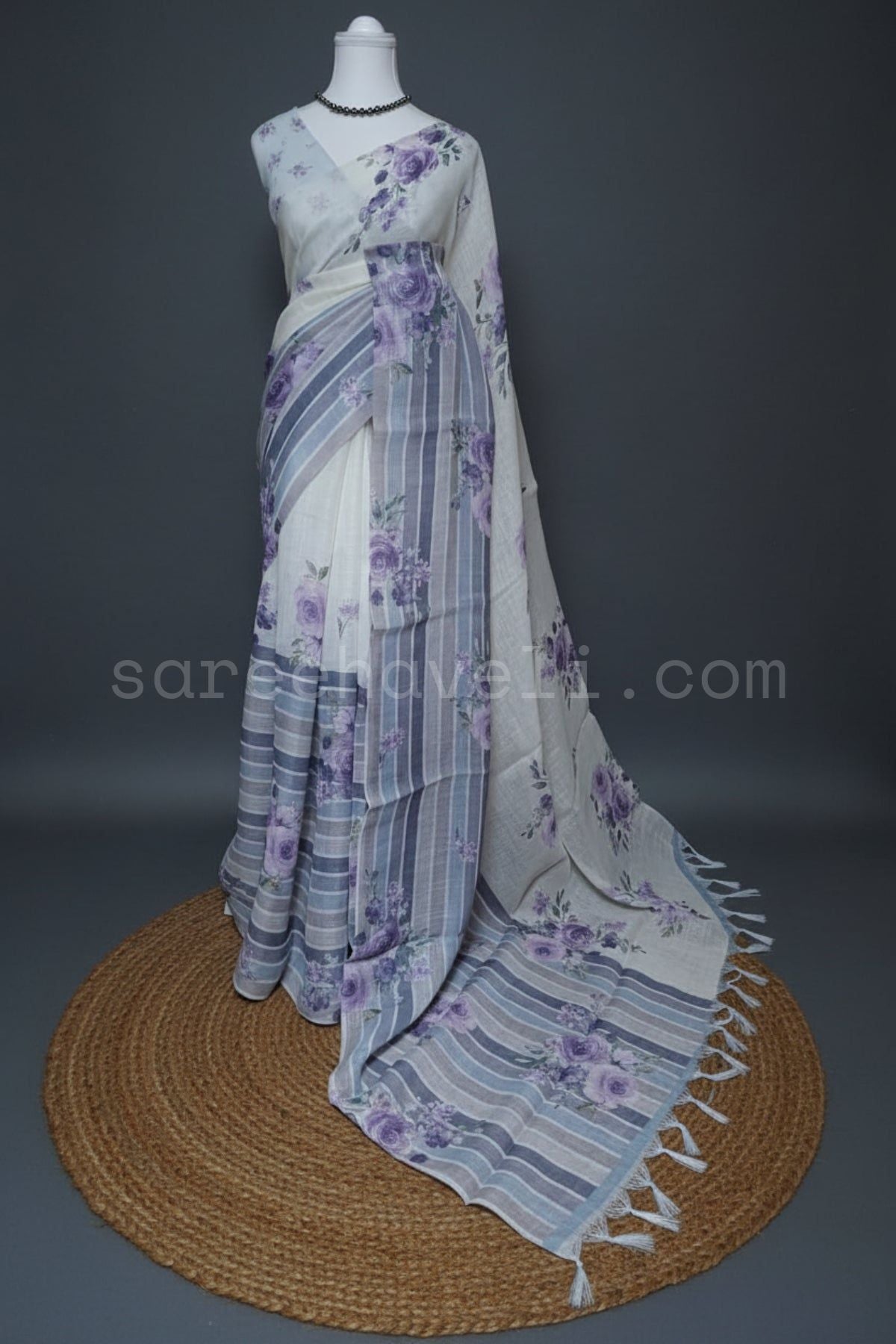 Floral Stripe Linen Saree