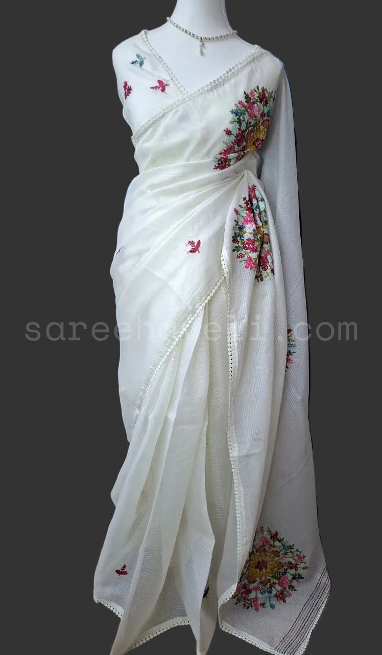 Floral Kantha Silky Kota Saree - Saree Haveli Off White
