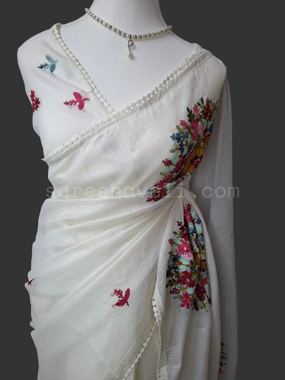 Floral Kantha Silky Kota Saree - Saree Haveli Off White