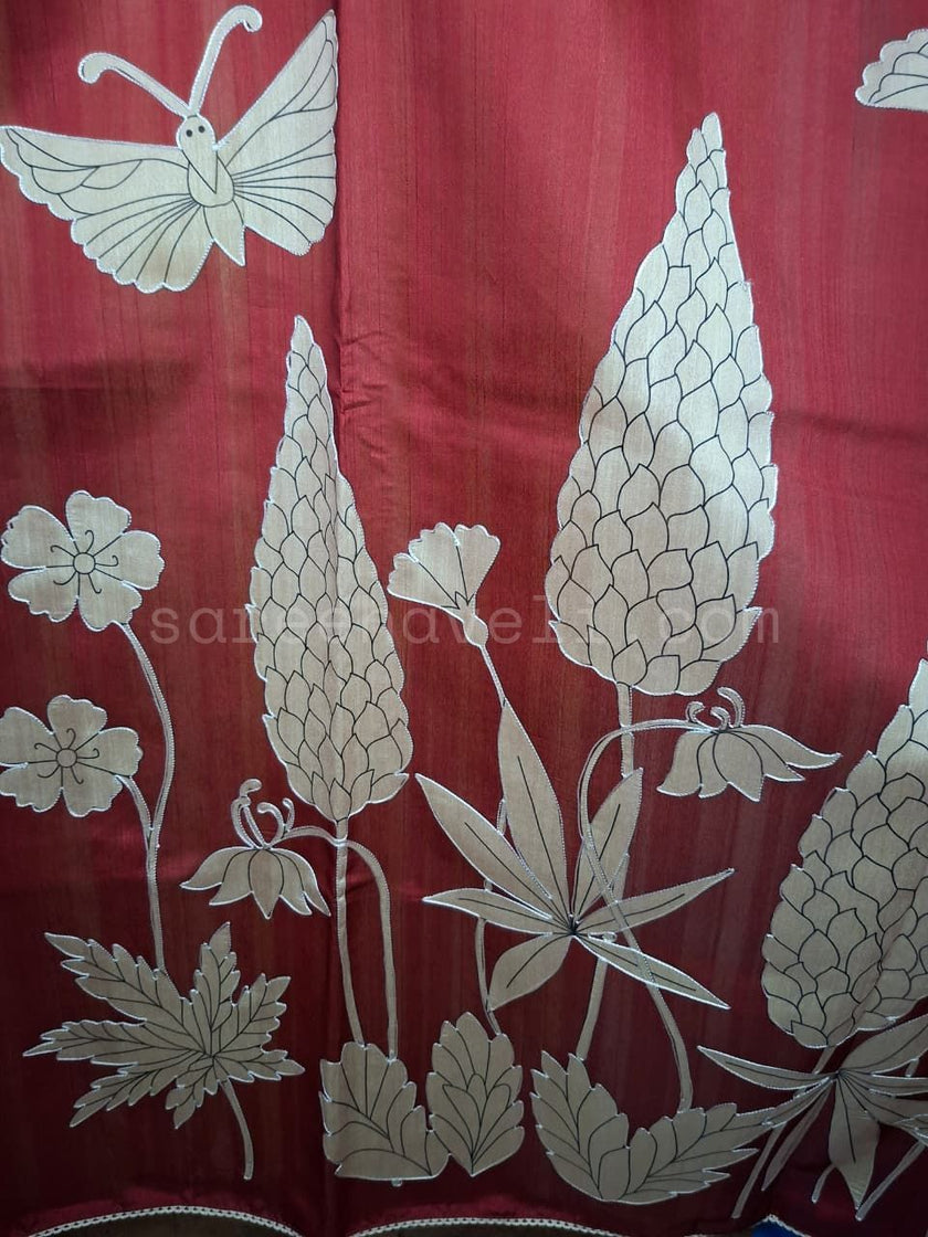 Maroon Leaf Appliqué Tussar - Saree Haveli Default Title