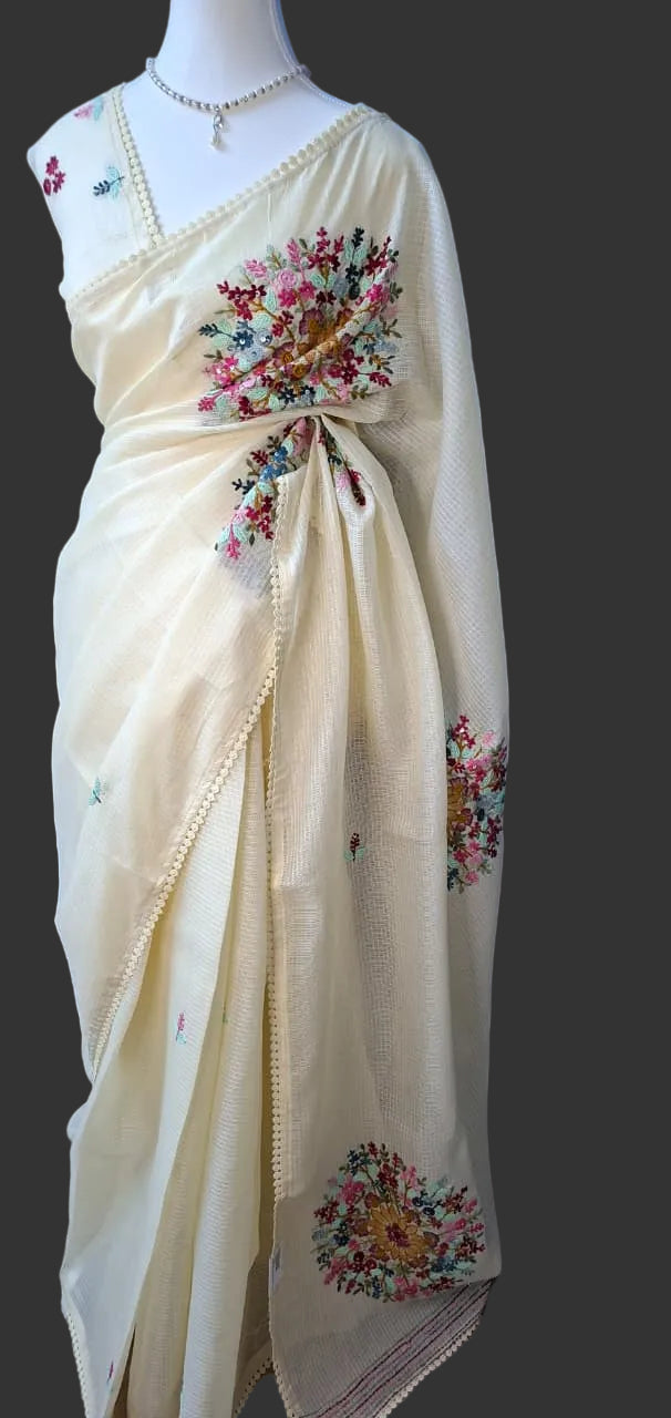 Floral Kantha Silky Kota Saree - Saree Haveli Pale Yellow