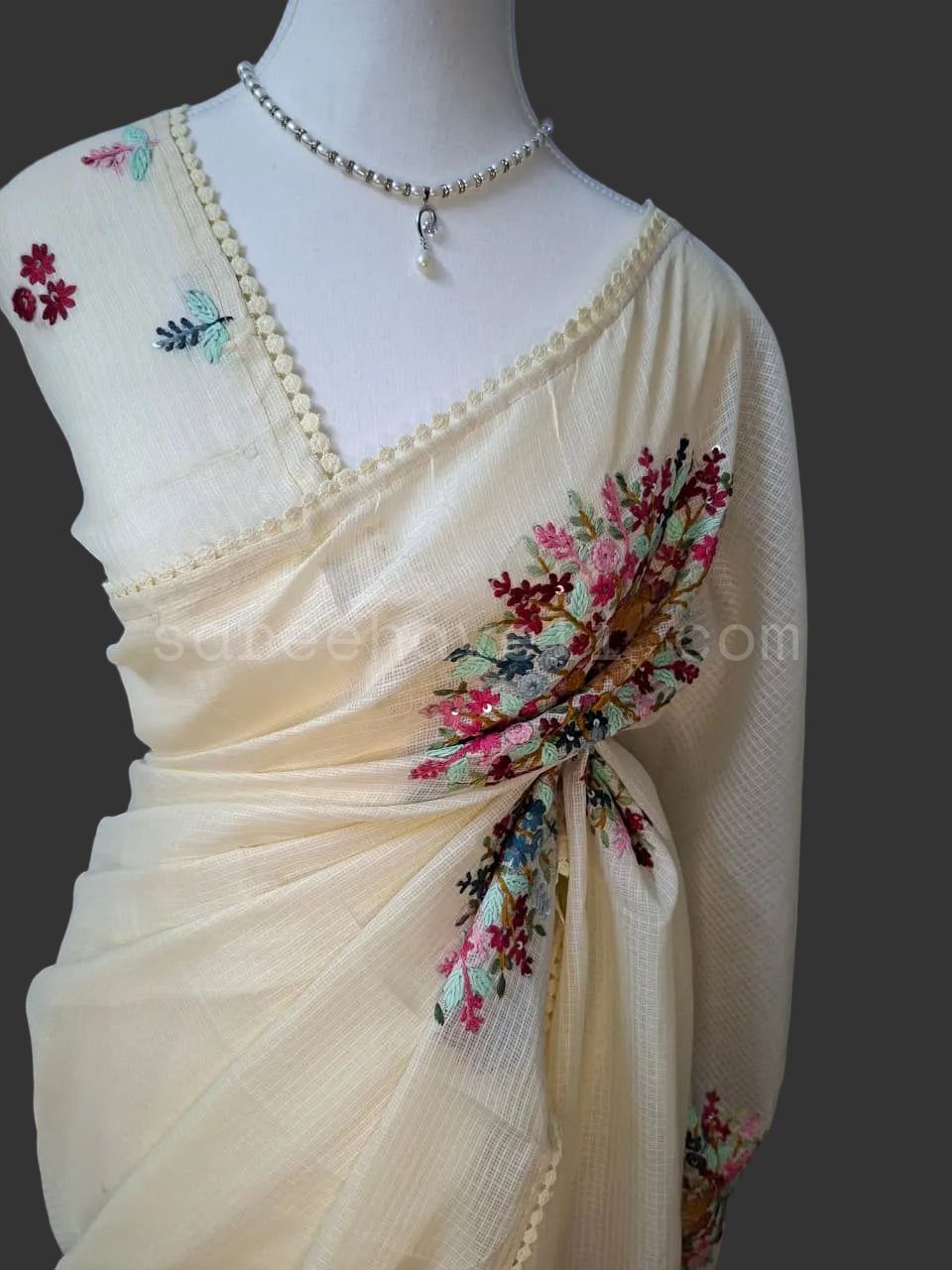 Floral Kantha Silky Kota Saree - Saree Haveli Off White